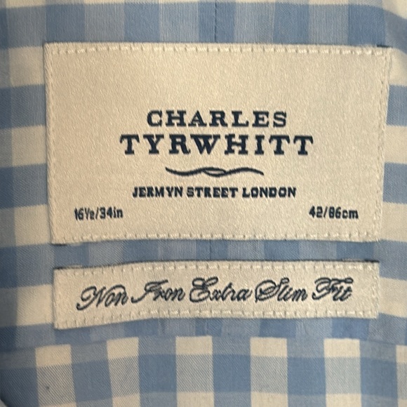 Charles Tyrwhitt Spread Collar Non-Iron Gingham Extra Slim Fit Shirt Light Blue - Picture 2 of 6